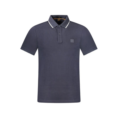 Hugo Boss Blue Cotton Polo Shirt with short sleeves, slim fit, two buttons, contrasting details, embroidery, and logo