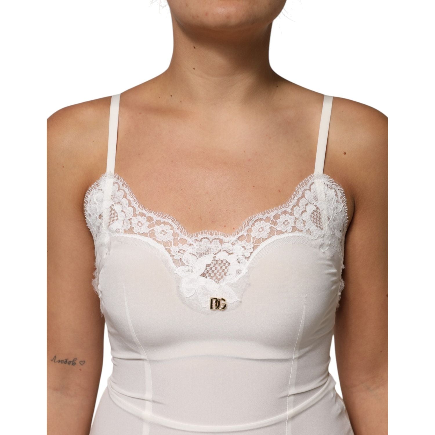 Dolce & Gabbana White Lace Gold DG Logo Silk Dress Sleepwear