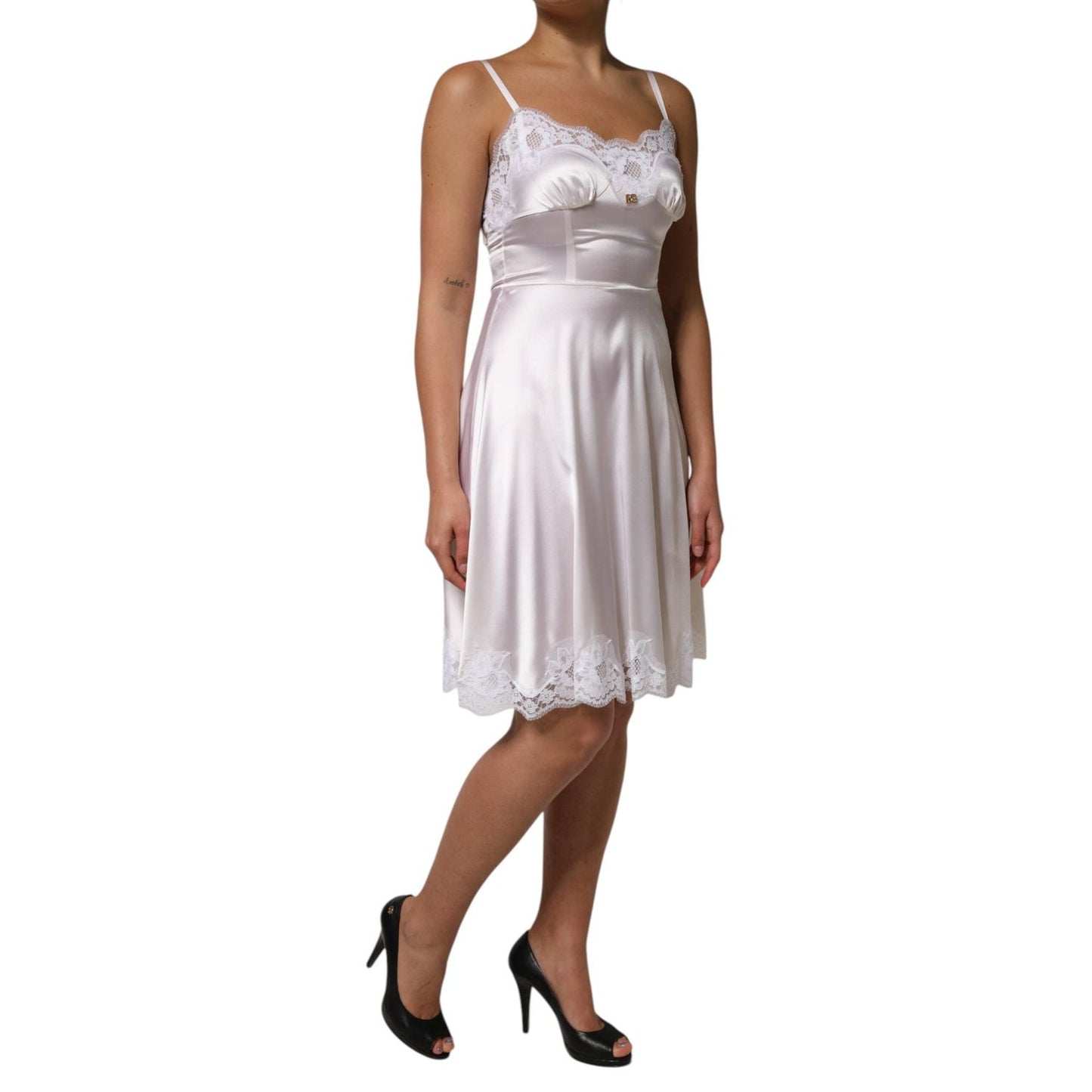 Dolce & Gabbana White Lace Gold DG Logo Silk Dress Sleepwear