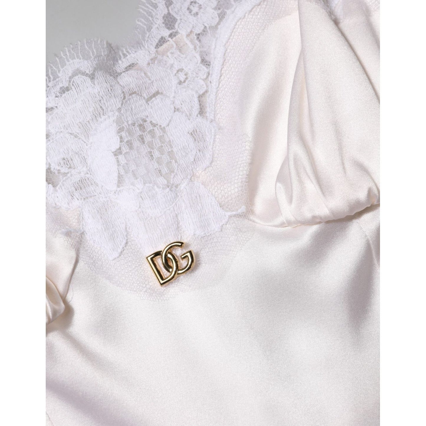 Dolce & Gabbana White Lace Gold DG Logo Silk Dress Sleepwear