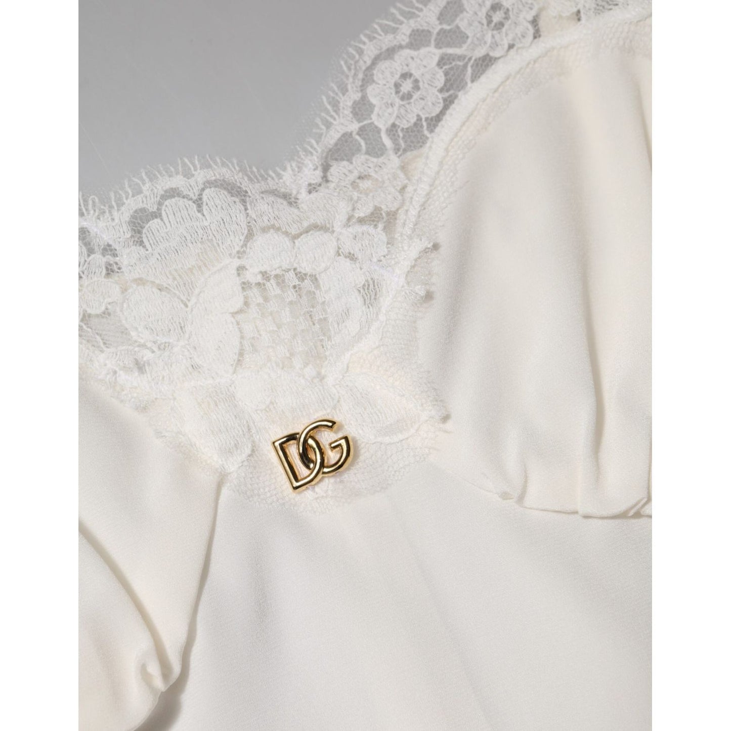 Dolce & Gabbana White Lace Gold DG Logo Silk Dress Sleepwear