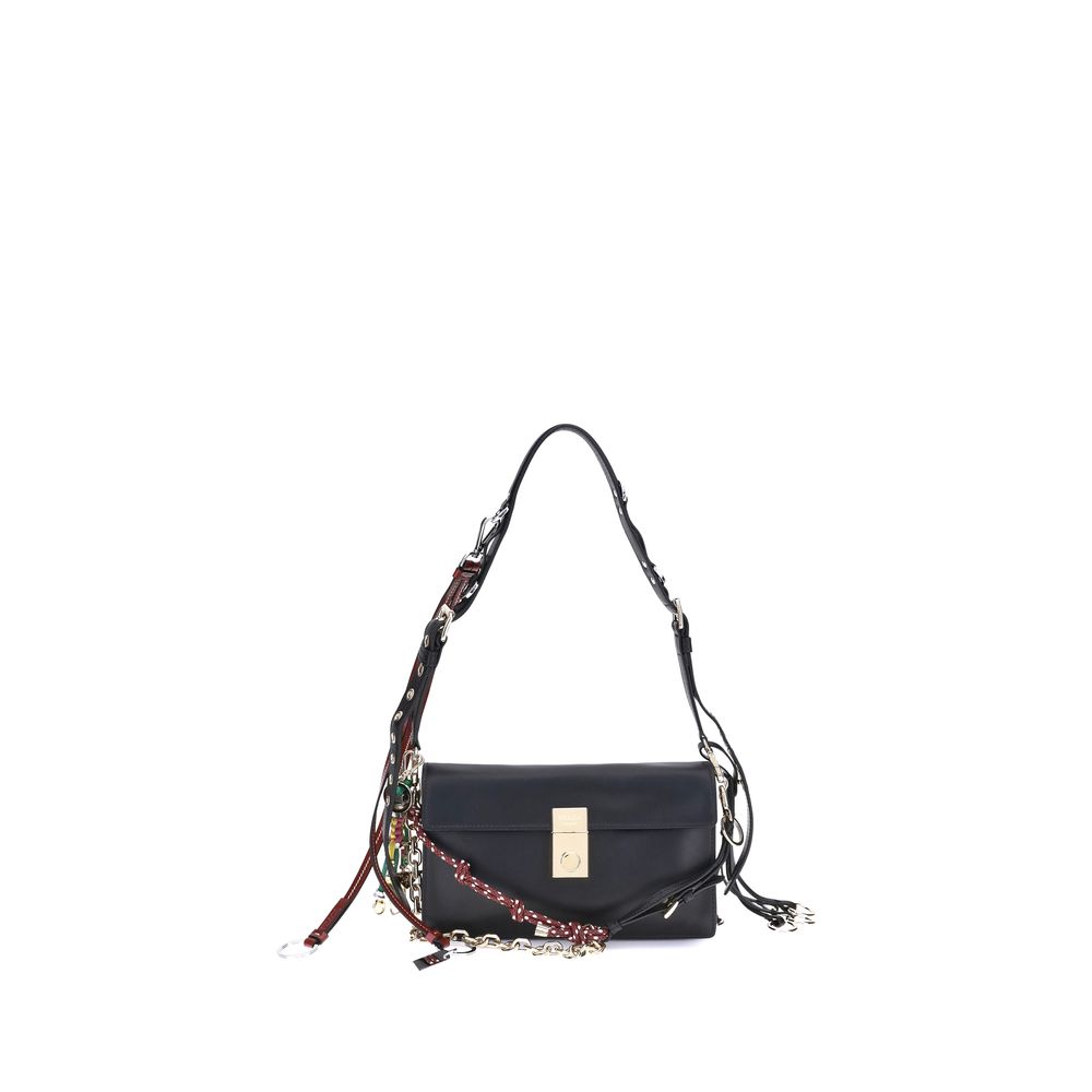 Prada Black Calf Leather Bos Taurus Shoulder Bag with adjustable strap and metallic logo