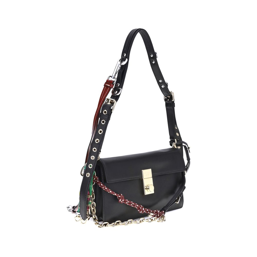 Prada Black Calf Leather Bos Taurus Shoulder Bag with metallic logo, removable strap, and stylish details.