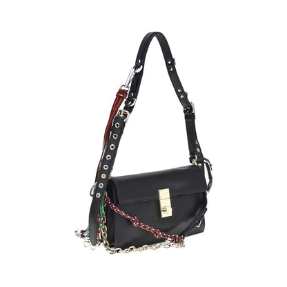 Prada Black Calf Leather Bos Taurus Shoulder Bag with metallic logo, removable strap, and stylish details.