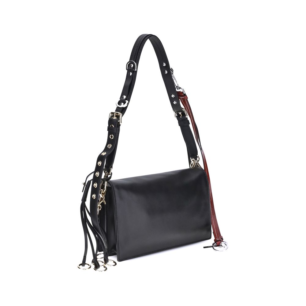 Prada Black Calf Leather Bos Taurus Shoulder Bag with metallic logo and adjustable strap