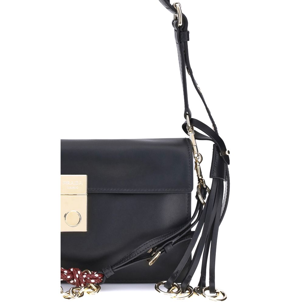 Prada Black Calf Leather Bos Taurus Shoulder Bag with metallic logo and adjustable strap