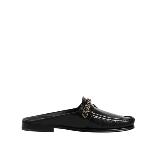 Dolce & Gabbana Black Leather DG Chain Embellished Sandals Shoes