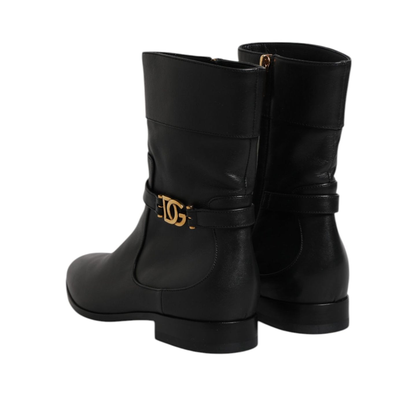 Dolce & Gabbana Black Leather Flats Logo Short Boots Shoes