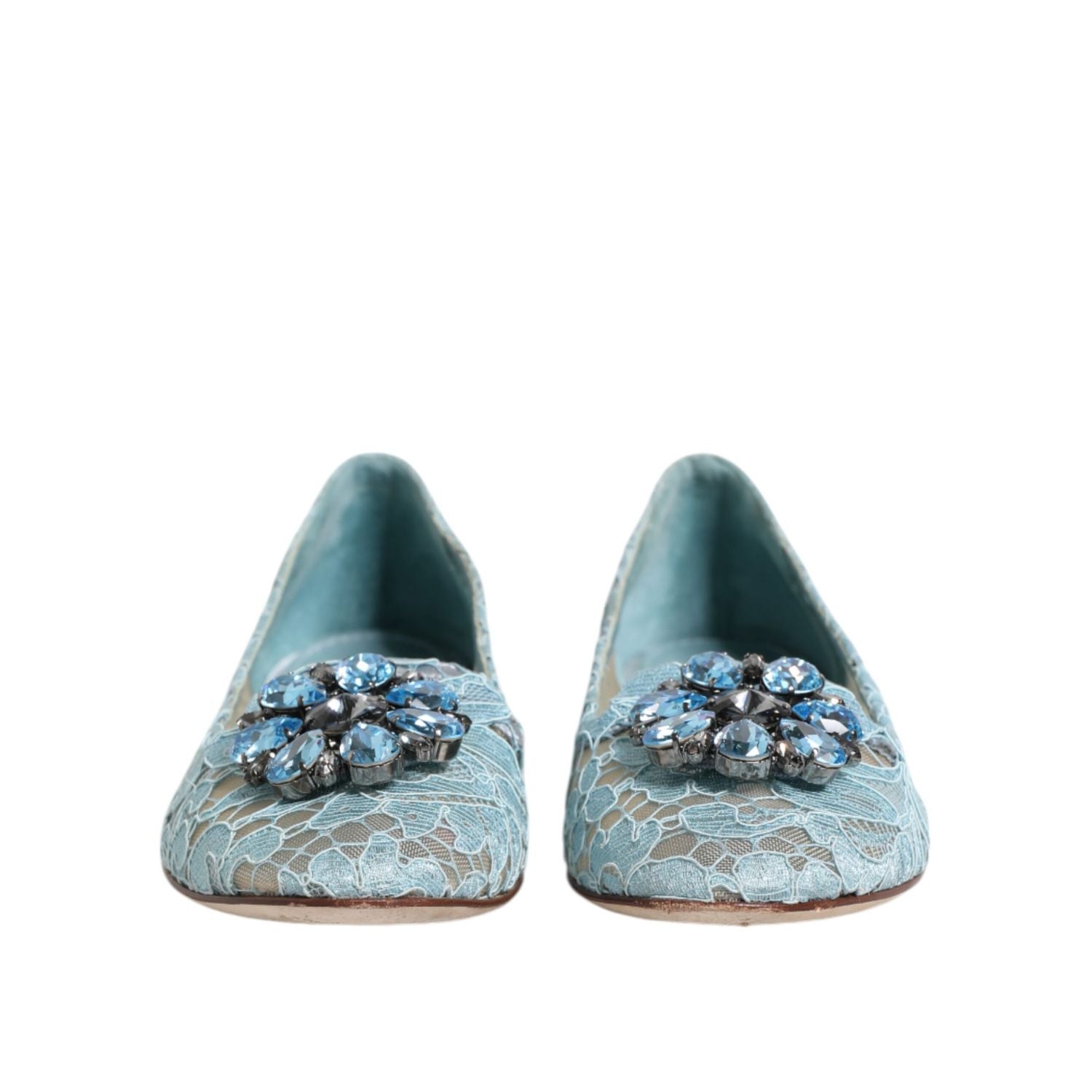 Dolce & Gabbana Blue Lace Crystal Ballet Flats Loafers Shoes