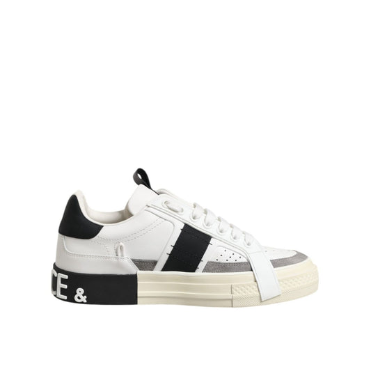 Dolce & Gabbana White Black Leather Low Top Sneakers Shoes