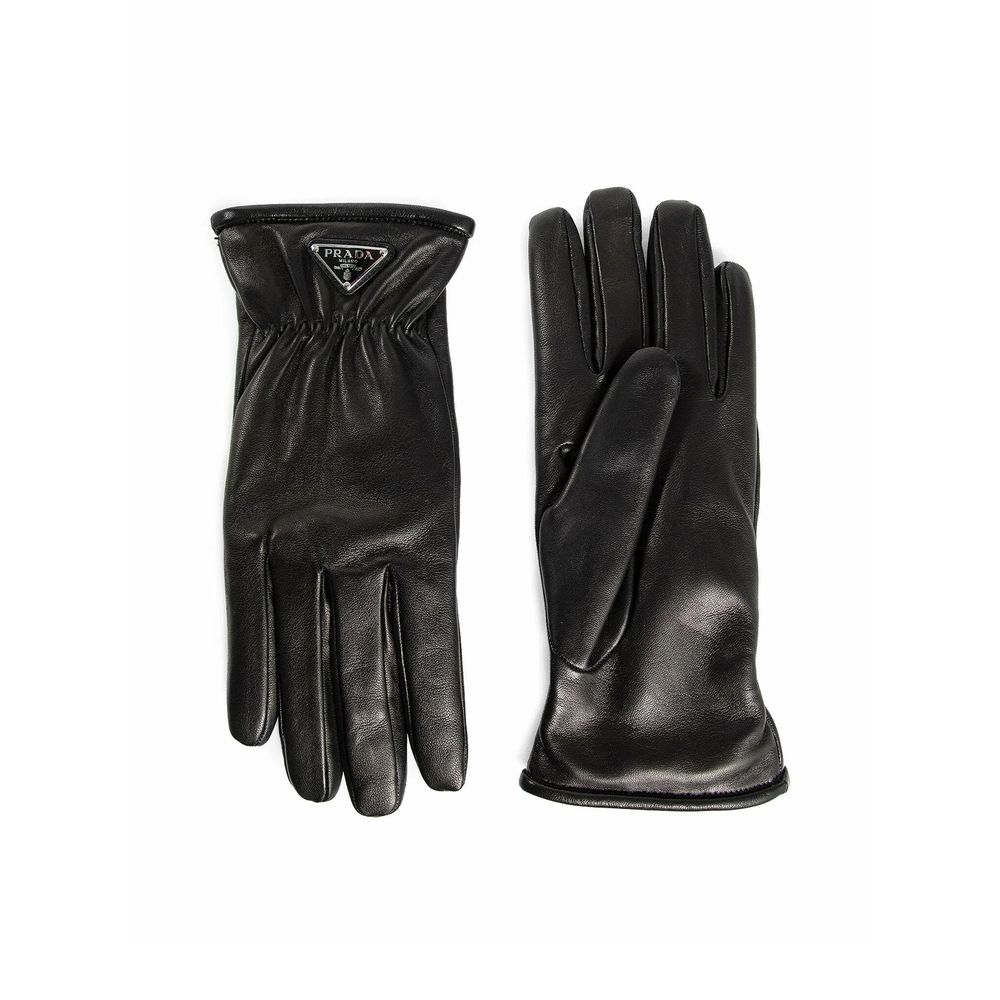 Prada Black Lamb Leather Gloves with cashmere lining, enamel logo, elasticated wrist, men's fashion accessory, Italian craftsmanship.