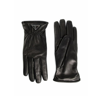 Prada Black Lamb Leather Gloves with cashmere lining, enamel logo, elasticated wrist, men's fashion accessory, Italian craftsmanship.