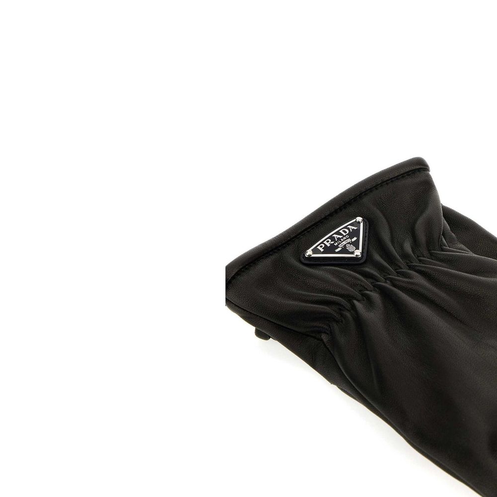Prada Black Lamb Leather Gloves for men with cashmere lining, enamel logo, and elasticated wrist, made in Italy.