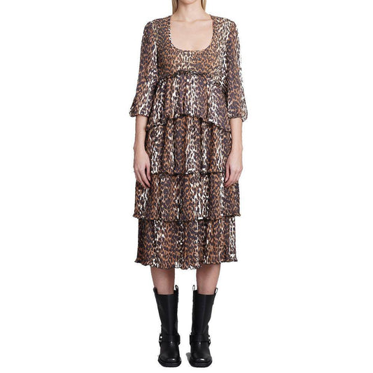 Ganni Pleated Georgette Leopard Midi Dress GA-8735481364692-42