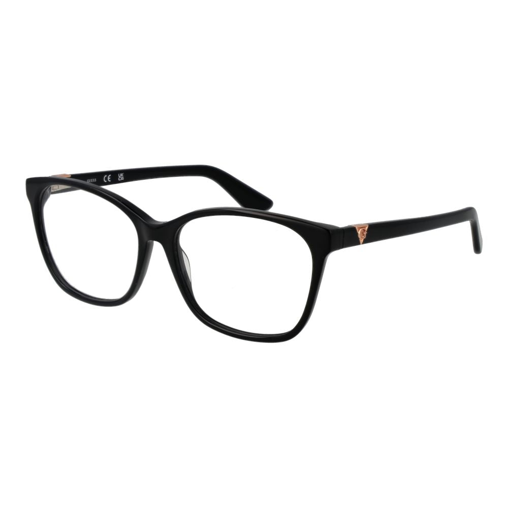 Guess Black Women Glasses Frame in full-rim acetate, featuring a rectangular style with demo lenses. Includes branded case.