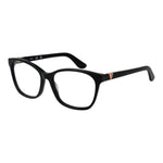 Guess Black Women Glasses Frame in full-rim black acetate with demo lenses, size 53-15-140, featuring a square style and branded case.