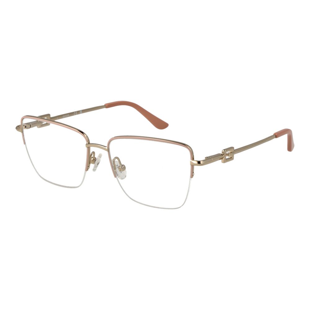 Guess Pink Women Glasses Frame in rose color with half-rim butterfly style, metal frame, demo lenses, includes branded case.