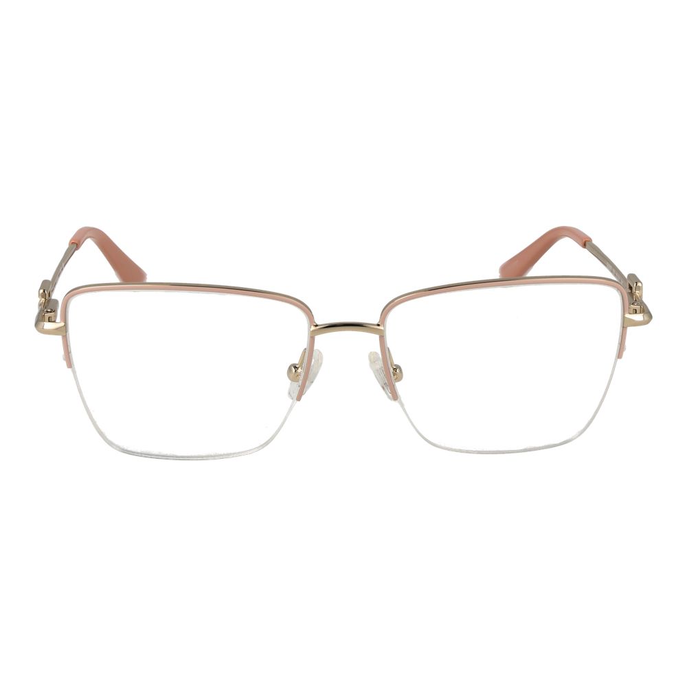 Guess Pink Women Glasses Frame in rose color with half-rim metal frame and butterfly style, featuring 53-16-140 dimensions.