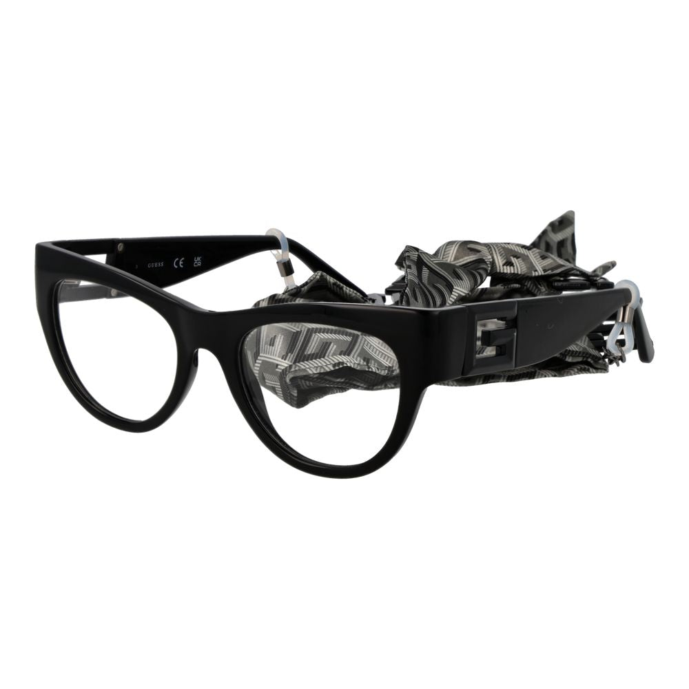 Guess Black Women Glasses Frame, full-rim cat eye style in black plastic with demo lenses, includes branded case.