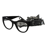Guess Black Women Glasses Frame, full-rim cat eye style in black plastic with demo lenses, includes branded case.