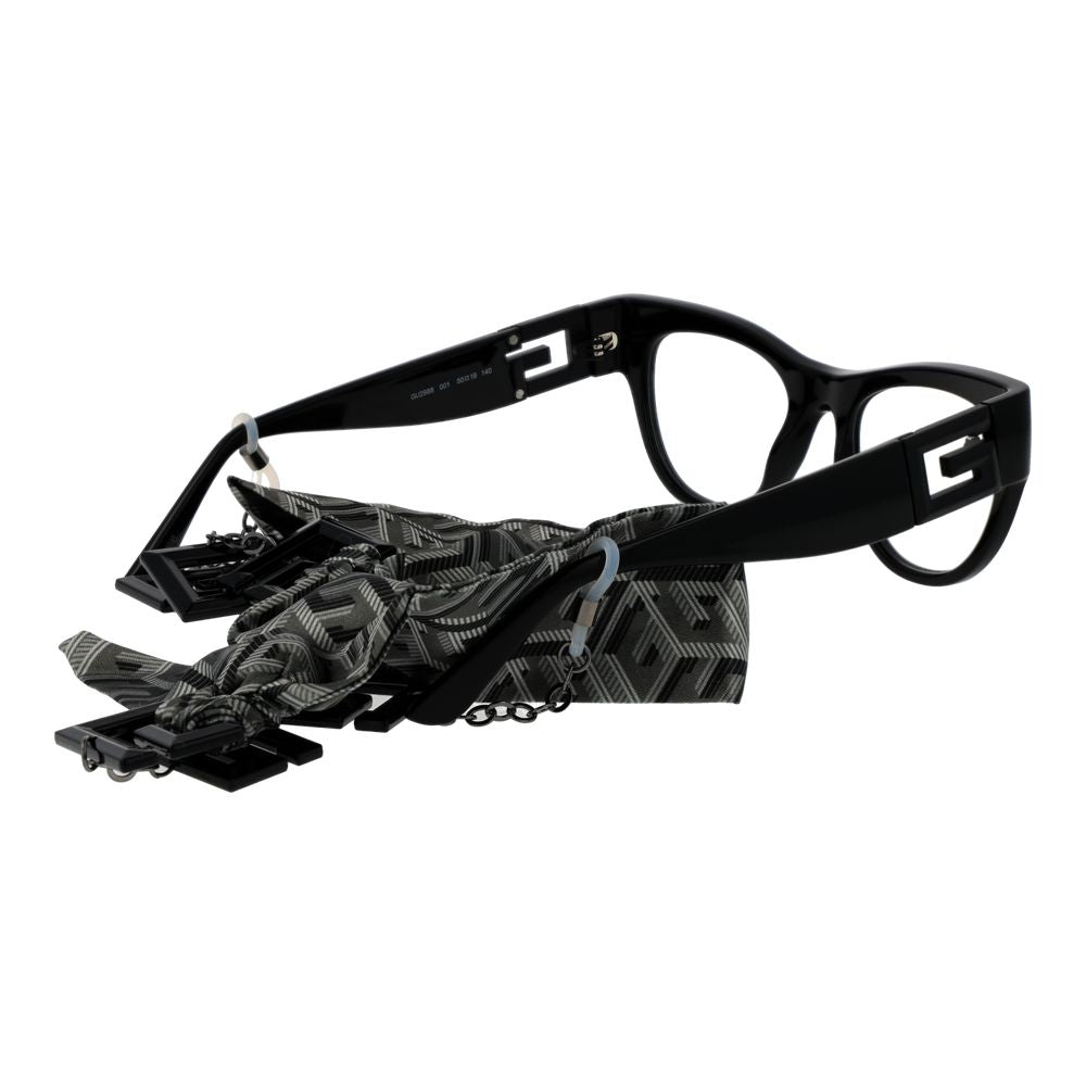 Guess Black Women Glasses Frame, cat eye style, full-rim black plastic frame with branded case, demo lenses, eyewear chain included.