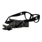Guess Black Women Glasses Frame, cat eye style, full-rim black plastic frame with branded case, demo lenses, eyewear chain included.