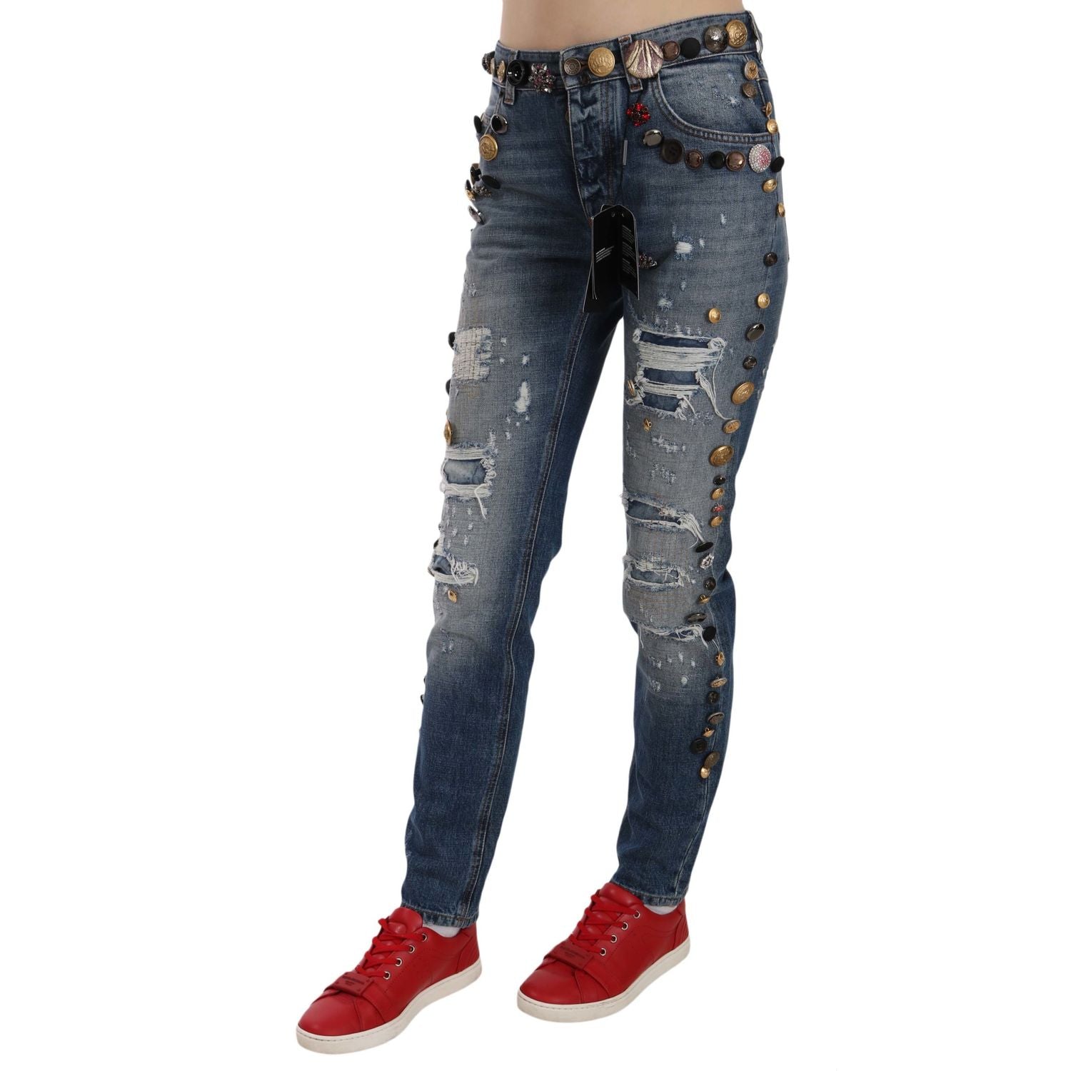 Dolce & Gabbana Distressed Embellished Buttons Denim Pants Jeans