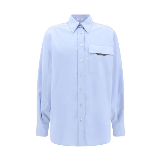 Brunello Cucinelli Light Blue Cotton Dress Shirt with classic collar, button closure, and jeweled pocket for understated luxury.