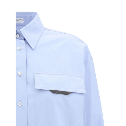 Brunello Cucinelli Light Blue Cotton Dress Shirt with jeweled pocket and classic collar, featuring adjustable cuffs for custom fit.