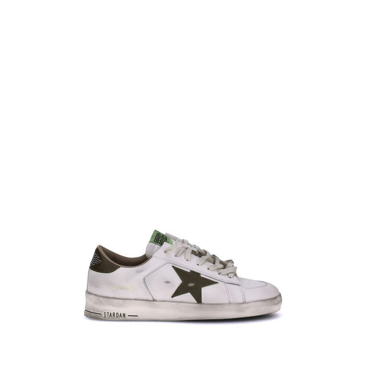 Golden Goose White Calf Leather Bos Taurus Low Top Sneakers with vintage effect and star patch design in side profile view.