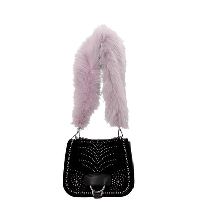 Miu Miu Purple Fur Shoulder Bag with silver hook closure and fox fur strap, MPN 5TX005VOLPEPATCHMUGHETTO, luxurious fashion accessory.