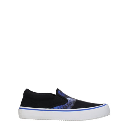 Marcelo Burlon Black Fabric Slip-On Loafers with blue detail, round toe, rubber sole, and mid heels
