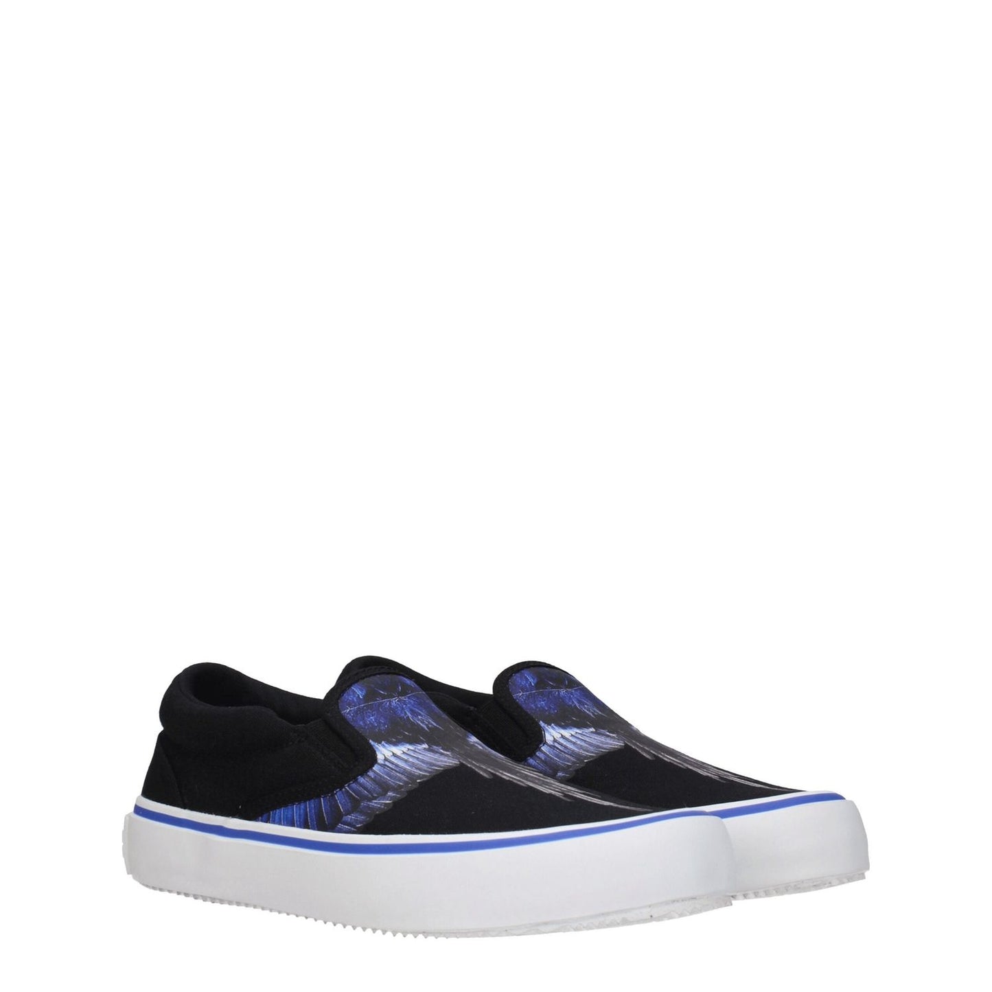 Marcelo Burlon Black Fabric Slip-On Loafers with blue detail and round toe, featuring rubber sole and mid heel height.