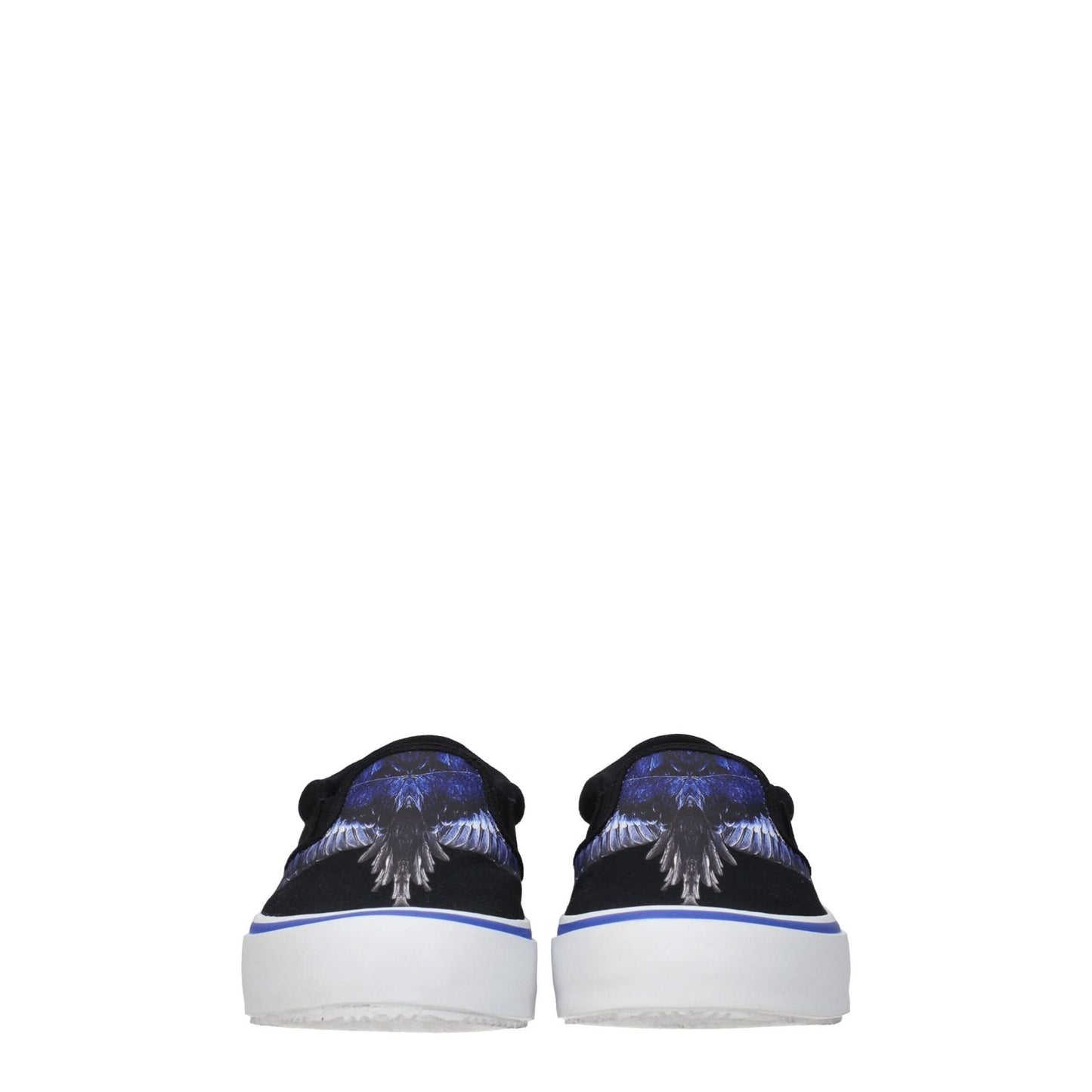 Back view of Marcelo Burlon Black Fabric Slip-On Loafers with blue accents and front detail, sporty glam style.