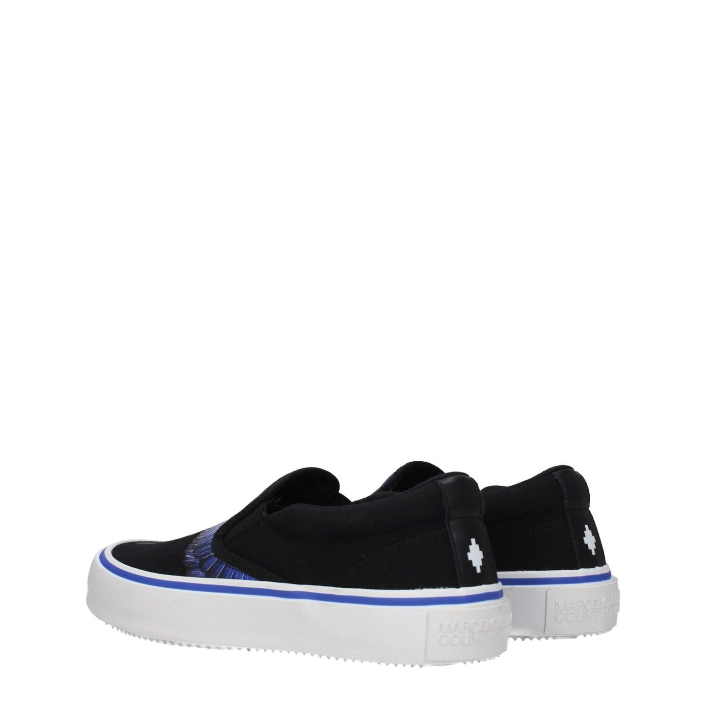 Marcelo Burlon Black Fabric Slip-On Loafers with blue accents, 3.5 cm mid heels, round toe design, rubber sole. Sporty glam style.