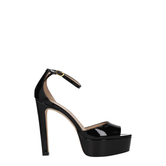 Stuart Weitzman Black Leather Platform Sandals with high heels, open toe, and buckle closure made from patent leather.