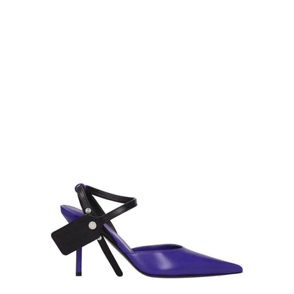Alt Tag: Off-White Purple Leather High Heel Pumps with side logo, pointy toe, button closure, and 9 cm heel height.