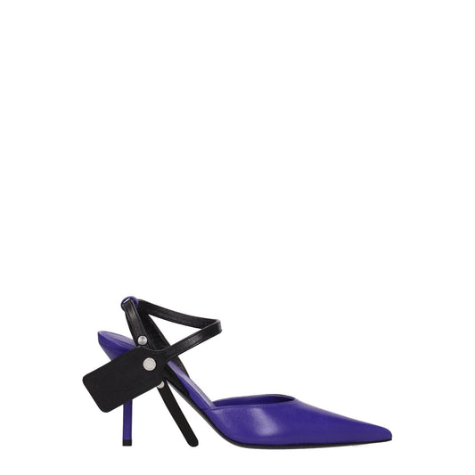 Off-White Purple Leather High Heel Pumps with side logo, pointy toe, and button closure; MPN OWII007LEA0013510, 9 cm heel height