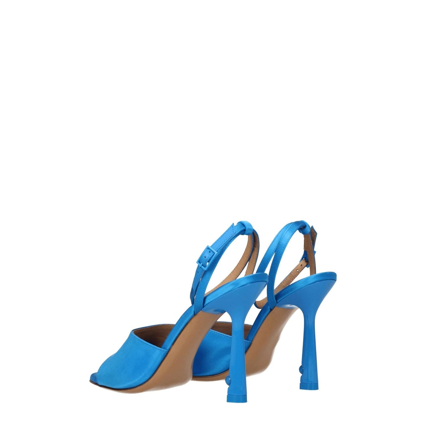Off-White Blue Satin Stiletto Heel Sandals with buckle closure, open toe, and high leather sole, featuring 10.5 cm heels.
