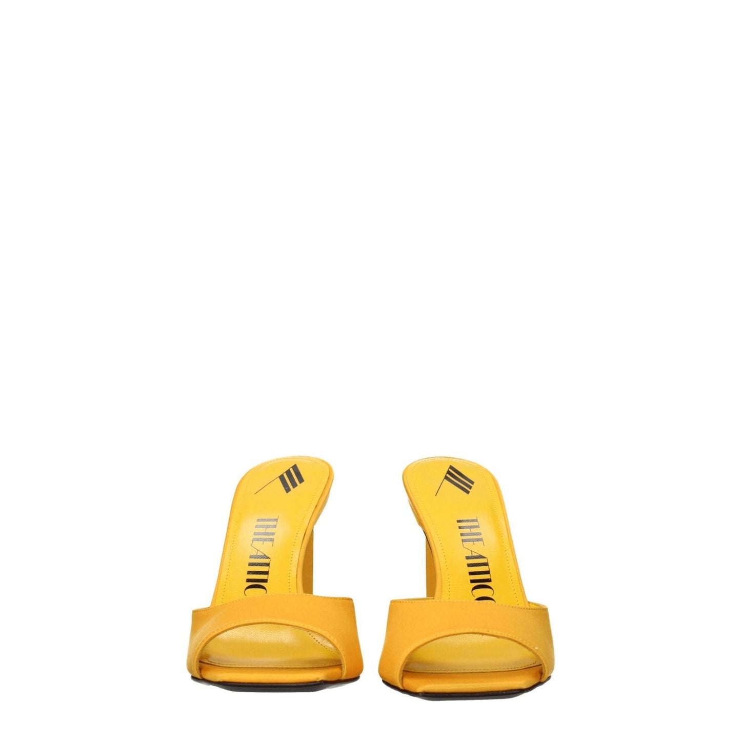 The Attico Orange Satin Stiletto Heel Sandals with open toe design, rhinestones, high heel, and leather sole, product code F76074.