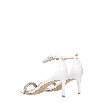 Stuart Weitzman White Leather Stiletto Heel Sandals with crystal details and buckle closure, featuring 7.5 cm mid heels and open toe design.