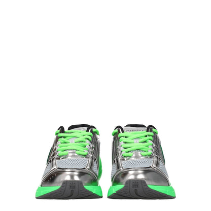 Front view of Givenchy Gray Fabric Athletic Sneakers with green accents and lace-up closure, featuring a rubber sole and mid heels.