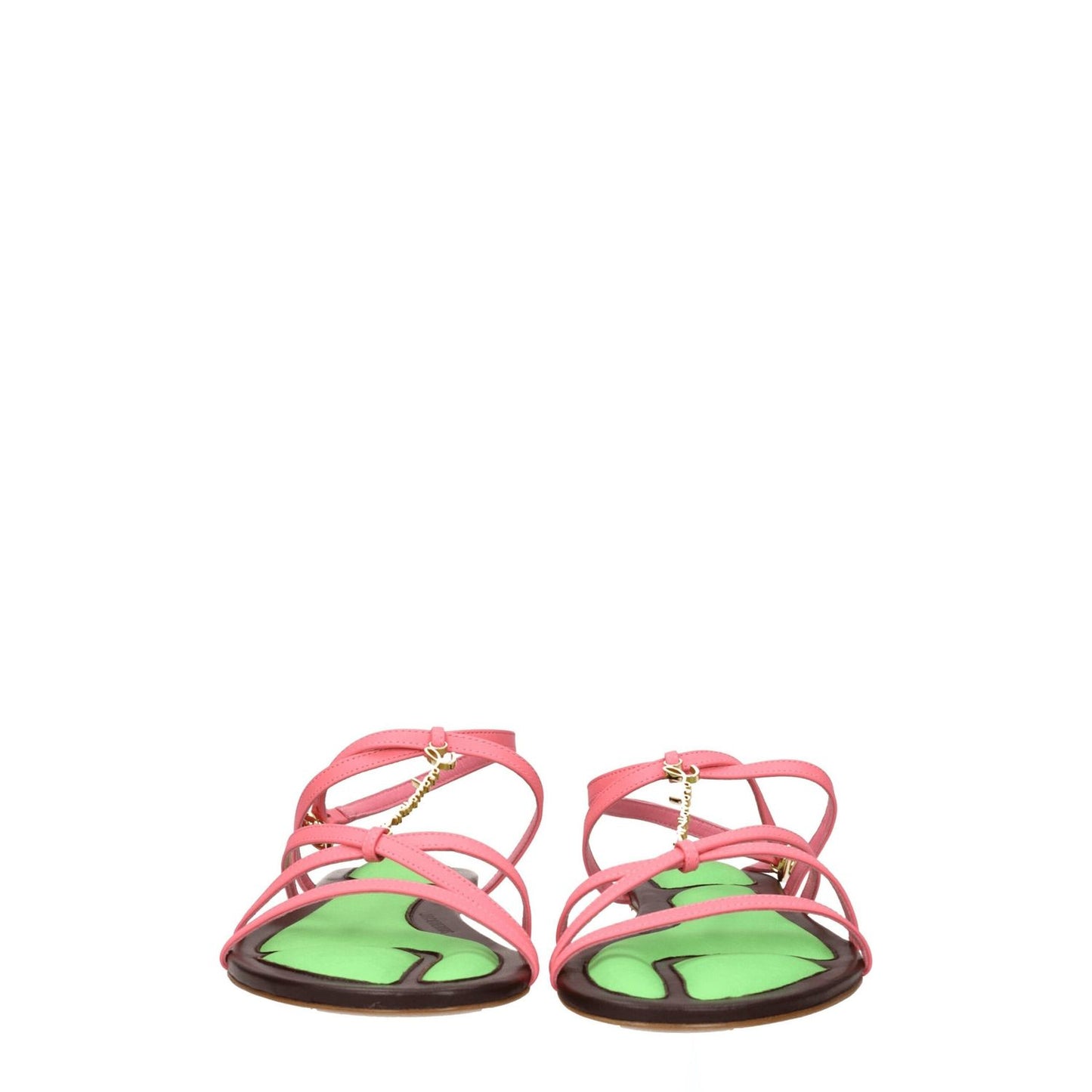 Jacquemus Pink Leather Flat Sandals, open toe design, gold accents, buckle closure, casual style.