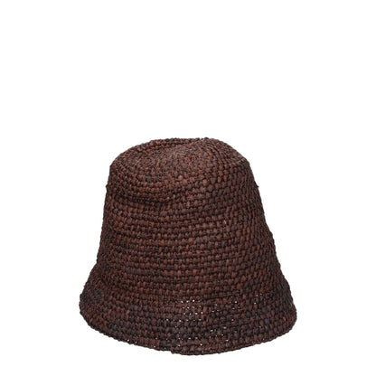 Jacquemus Brown Raffia Bucket Hat made of 100% raffia, featuring a dark brown color with a front logo. Style: Casual.