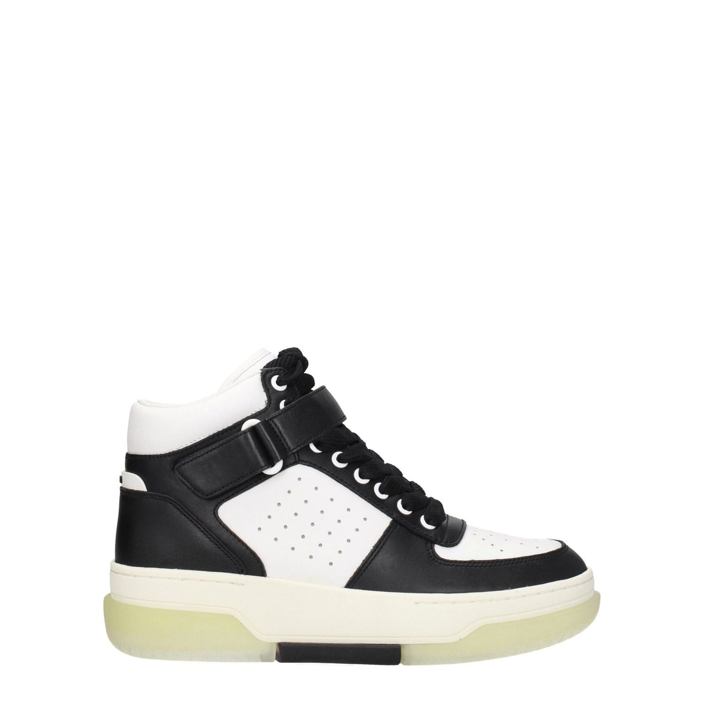 Amiri Black Leather High Top Sneakers with lace-up closure, rubber sole, front and back logo, street style, wedge heel.