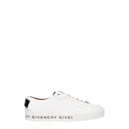 Givenchy White Leather Low Top Sneakers with front, side, and back logos, featuring lace-up closure, rubber sole, round toe, optic white color.