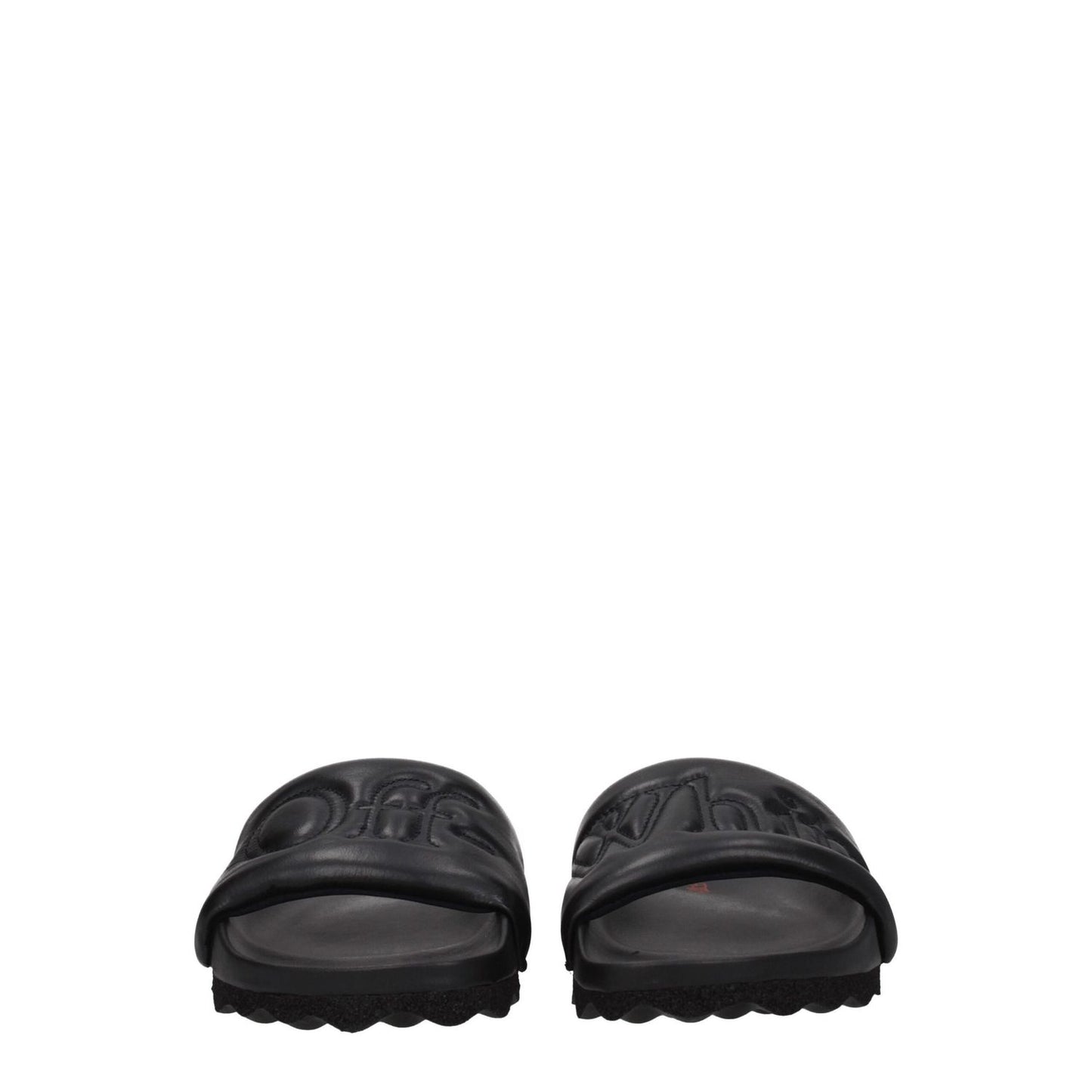 Off-White Black Leather Slippers with front logo, casual style, rubber sole, round toe, low flat heel. MPN: OMIT001LEA0011010.