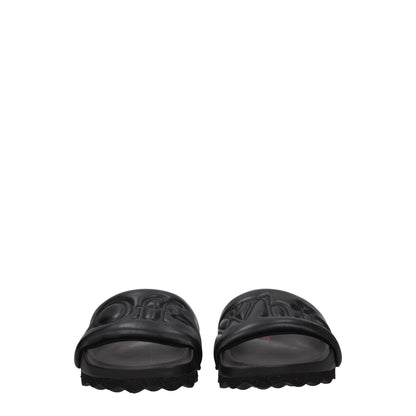 Off-White Black Leather Slippers with front logo, casual style, rubber sole, round toe, low flat heel. MPN: OMIT001LEA0011010.