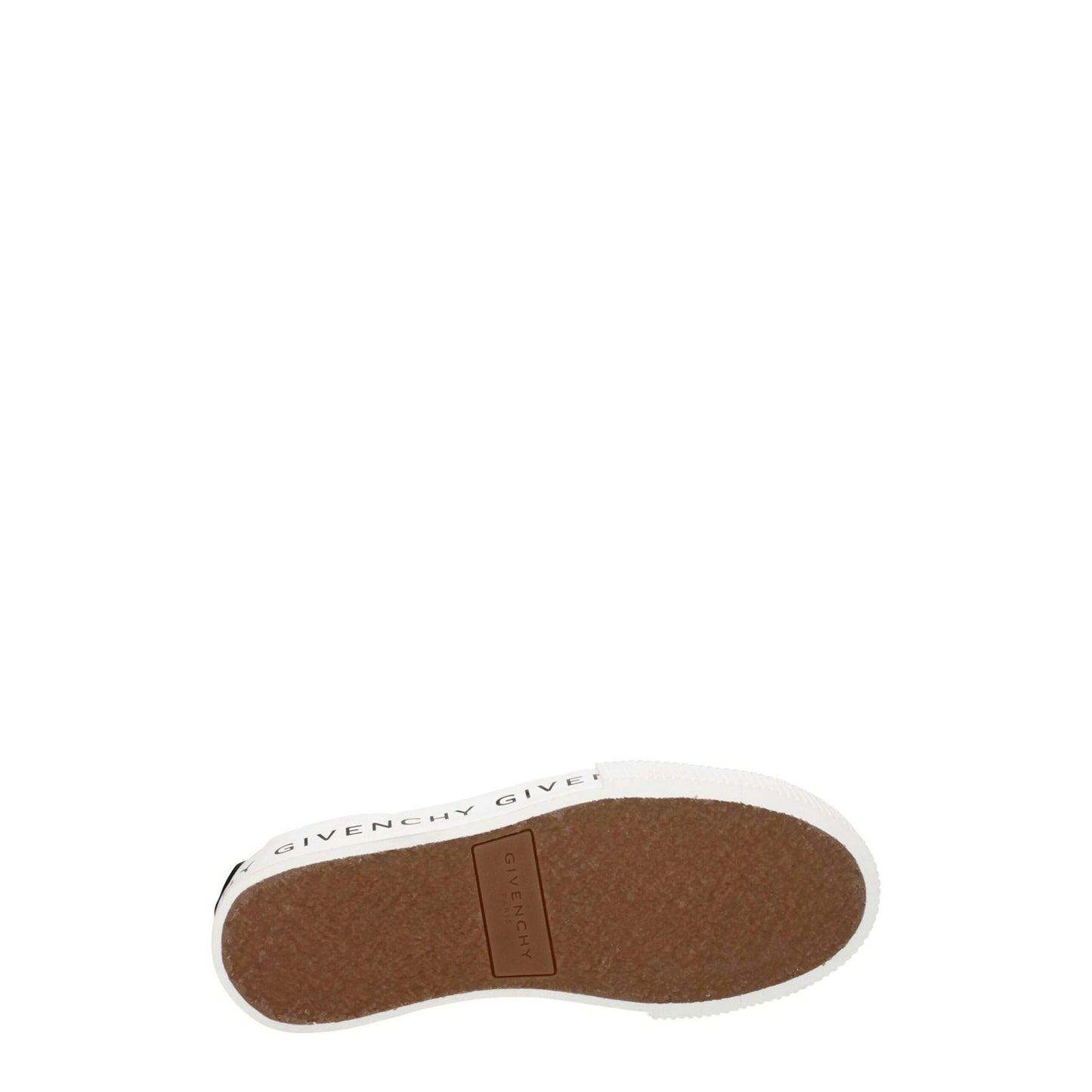 Sole view of Givenchy White Leather Low Top Sneakers with logo detailing on rubber sole, showcasing sporty glam style.