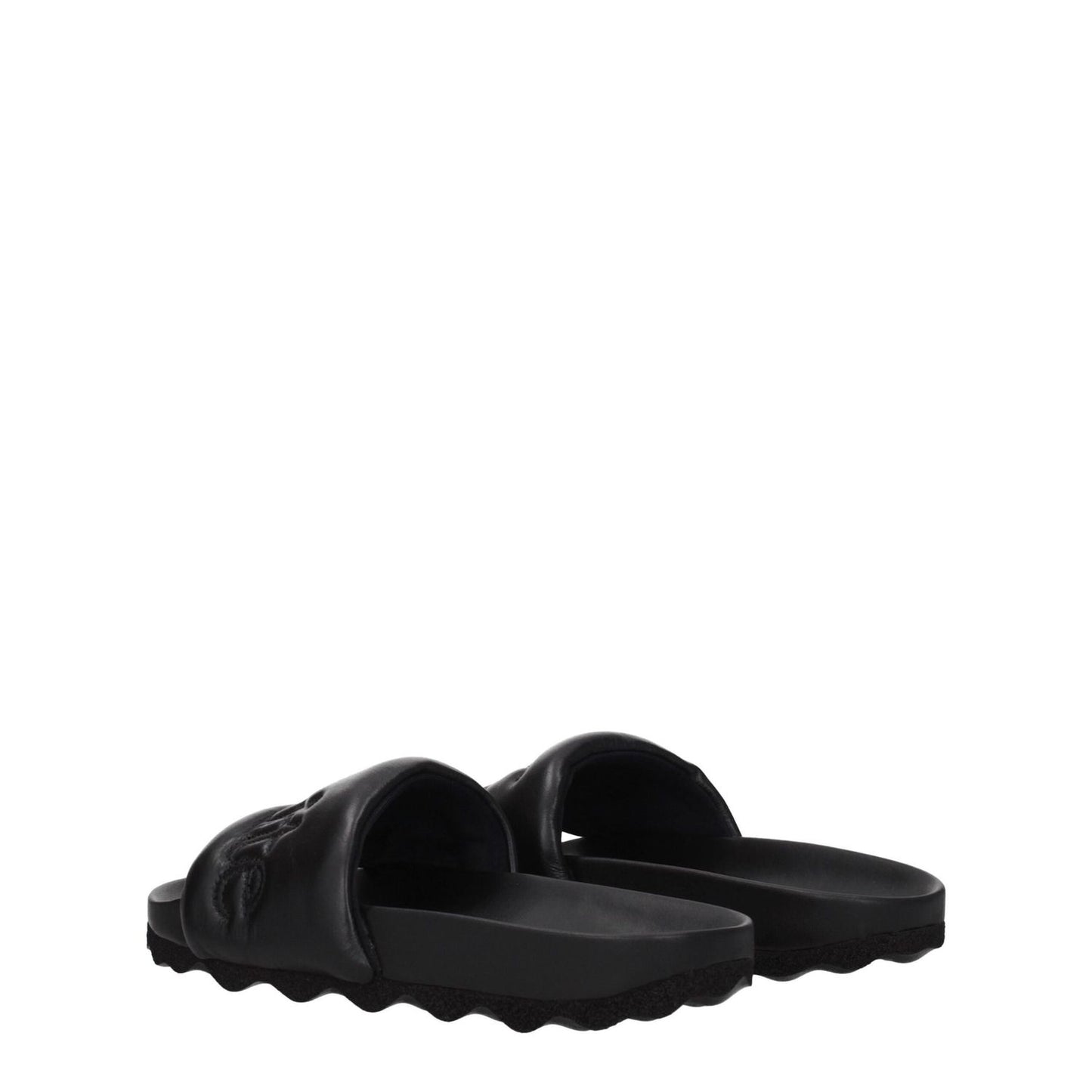 Off-White Black Leather Slippers with front logo, round toe, rubber sole. Style: Casual, low flat heel. MPN: OMIT001LEA0011010.